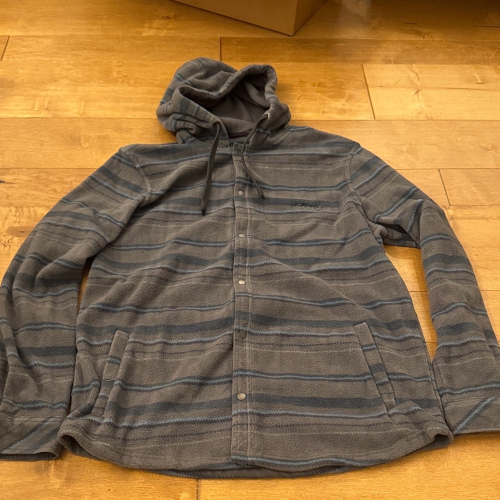 Striped Hooded Snap-Up Fleece Jacket - Gray and Blue